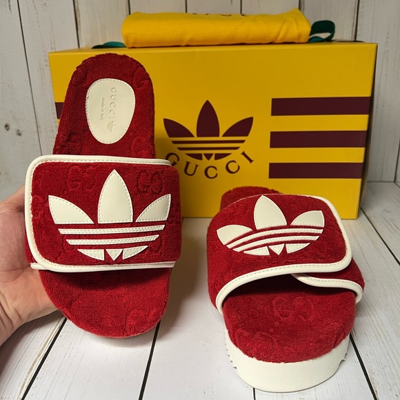 Gucci X Adidas Terry Cloth GG Monogram Platform Slide Sandals Red Sz 36 / 6